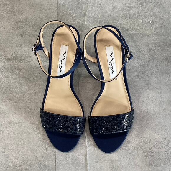 NINA Women's New Navy Satin Haven Rhinestone Ankle-Strap Block-Heel Sandals - Picture 2 of 10